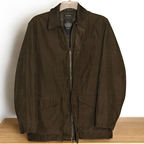 Vintage Nautica Waxed Field Coat Size M Brown Leather Collar Heritage Workwear - Picture 3 of 14